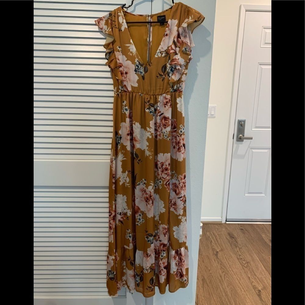 Free Press Mustard Floral Ruffle Maxi Dress size XS  Wine Tasking Dress - Picture 2 of 5